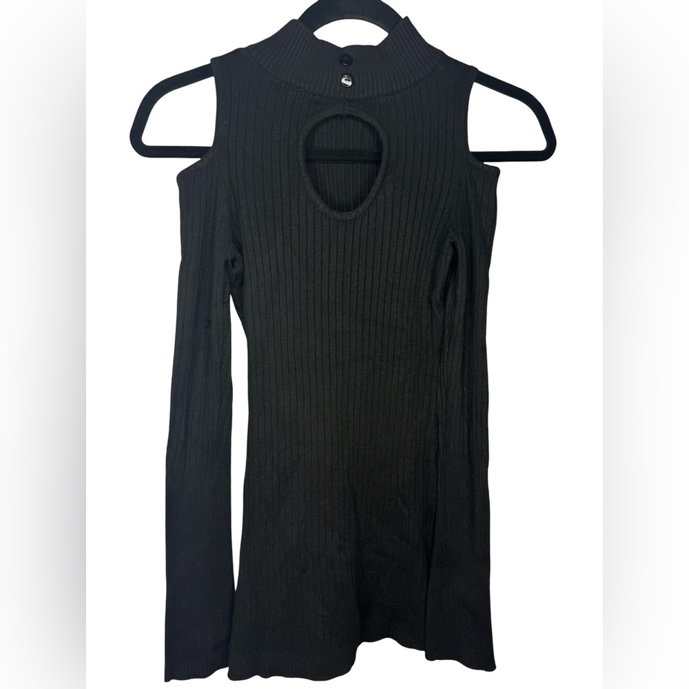 Black Ribbed Knit Cold Shoulder Turtleneck Keyhole Top